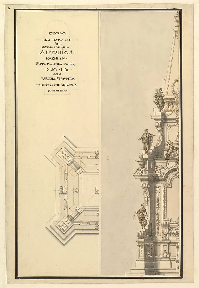 Half Elevation and Half Ground Plan for Catafalque for Antonio Farnese, Duke of Parma (d. 1731) — Giuseppe Galli Bibiena
