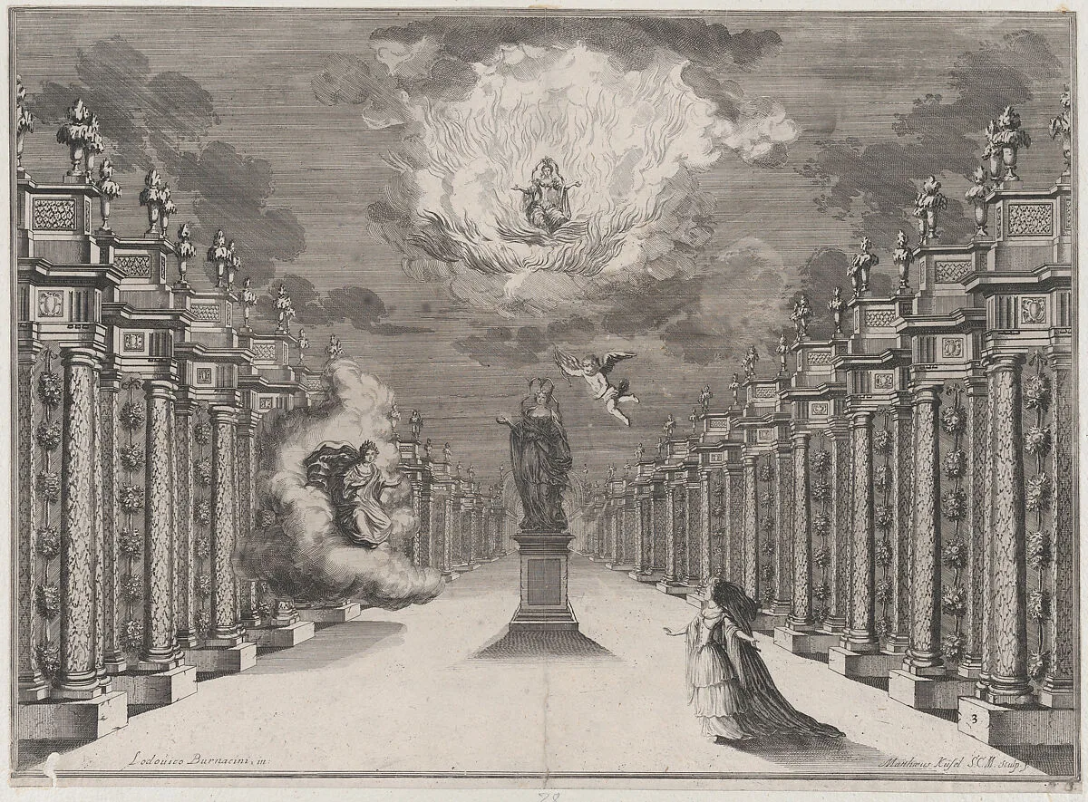 A woman standing on the right side of a road lined with columns; at center a statue of a female with cupid flying nearby; to the left, a woman emerging from the clouds as another sits among flames above; set design from 'Il Fuoco Eterno' — Ludovico Ottaviano Burnacini|Mathäus Küsel