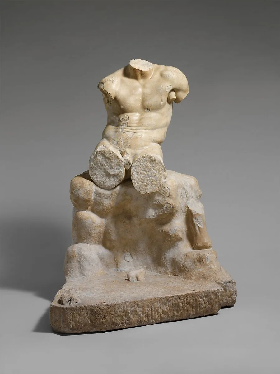 Marble statue of Herakles seated on a rock — Unknown