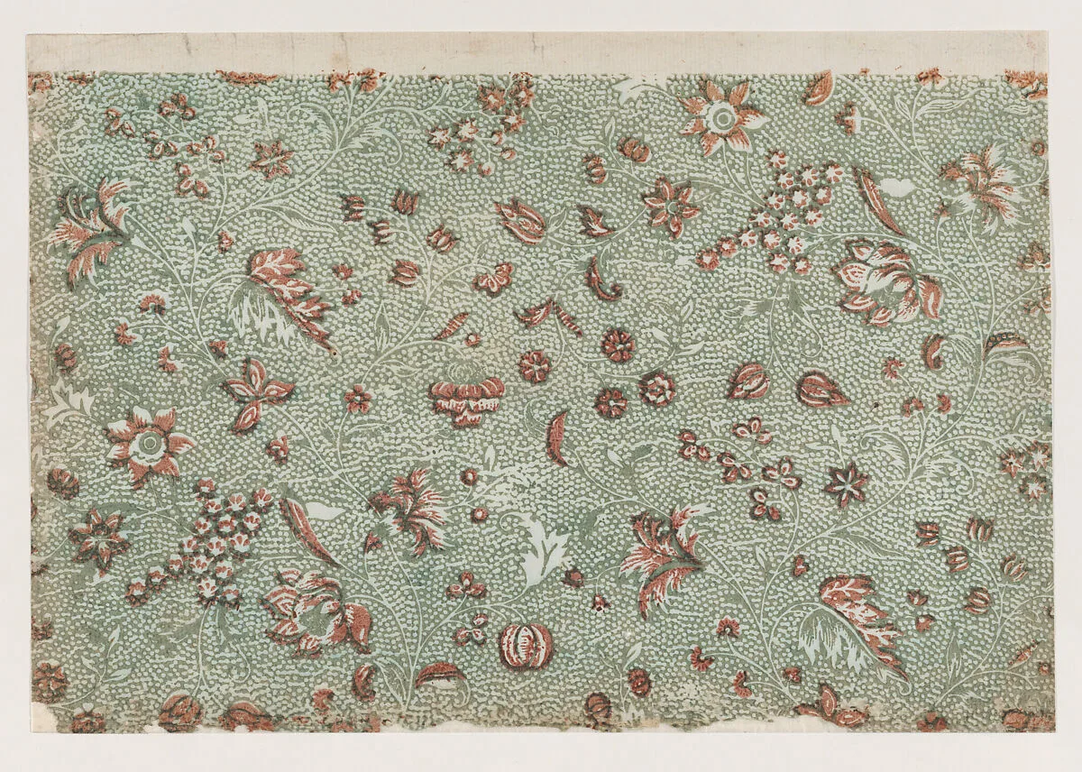 Sheet with overall floral and vine pattern with dots — Anonymous