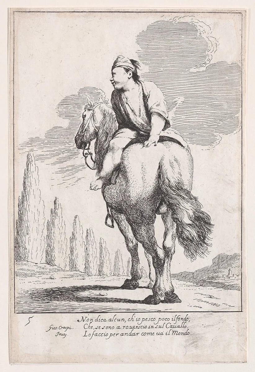 Plate 19: Cacasenno riding a horse backwards, from "Bertoldo, Bertoldino, and Cacasenno" — Giuseppe Maria Crespi