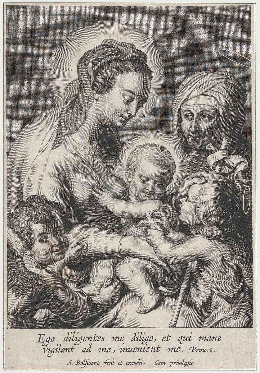 The Virgin and Christ child, with Saint John the Baptist showing them a bird at right, Saint Anne in the background at right, and a putto at lower left — Peter Paul Rubens|Schelte Adams à Bolswert
