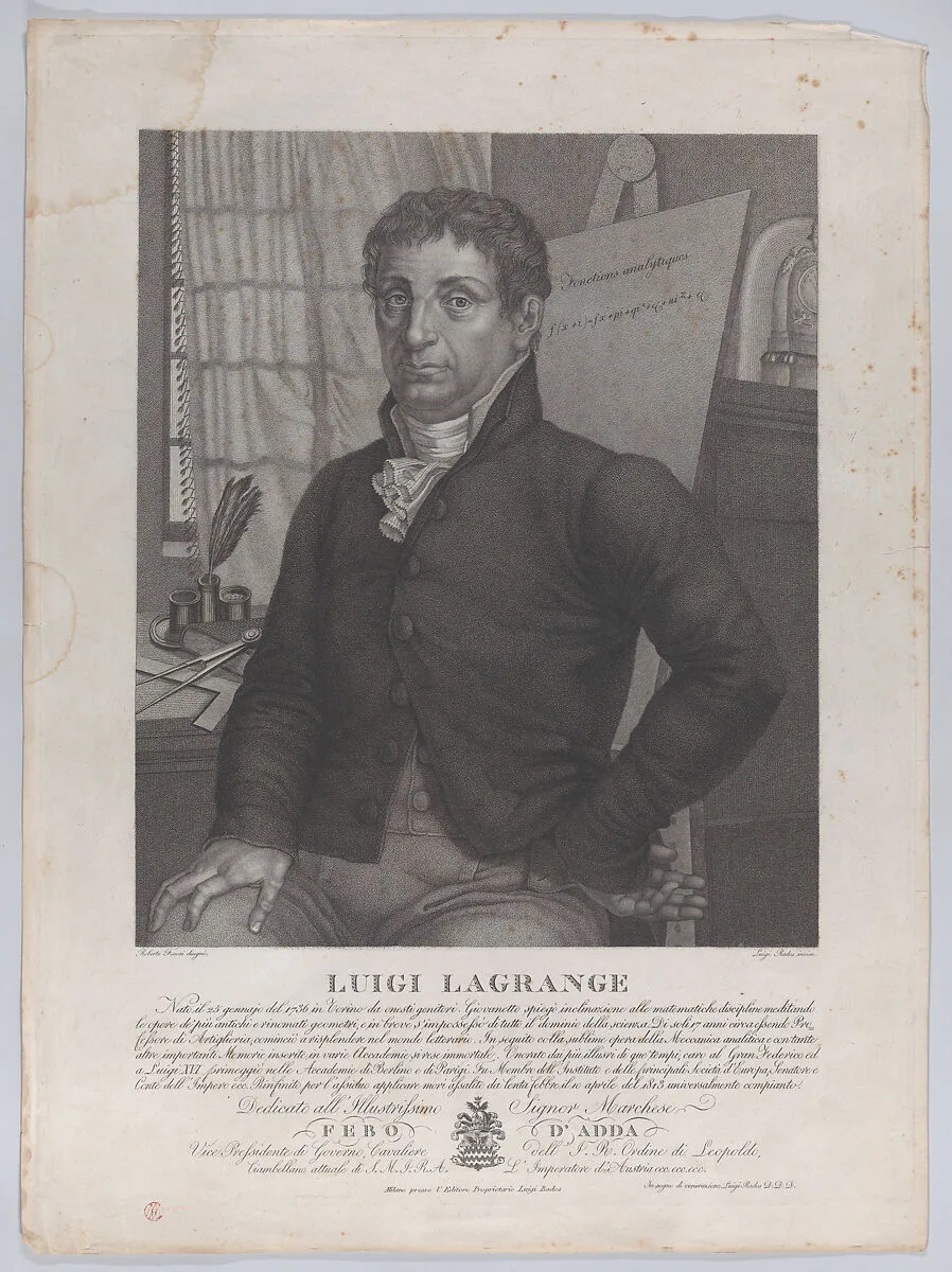 Portrait of Luigi Lagrange, seated with an easel behind him at right with a mathematical equation — Giuseppe Luigi Lagrangia|Luigi Rados|Roberto Focosi