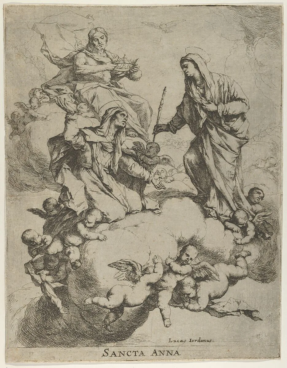Christ holding a crown upper left, at right the Virgin receiving Saint Anne in Heaven — Luca Giordano