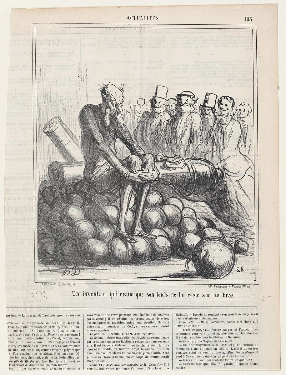 An inventor who is afraid of getting stuck, sitting on his stock, from 'News of the day,' published in Le Charivari, May 31, 1867 — Destouches|Honoré Daumier|Arnaud de Vresse