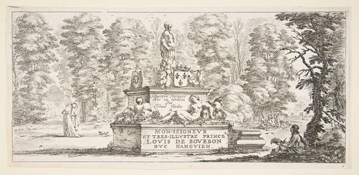 Plate 1: a monument with statues and a coat of arms in the center, a draughstman on the ground beneath a tree to right, two groups of lovers to left in the background, from 'Various landscapes' (Divers paysages)