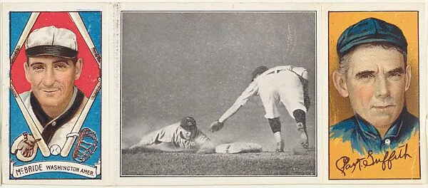 "Schaefer Steals Second," with Clark Griffith and George F. McBride, from the series Hassan Triple Folders (T202) — Hassan Cigarettes