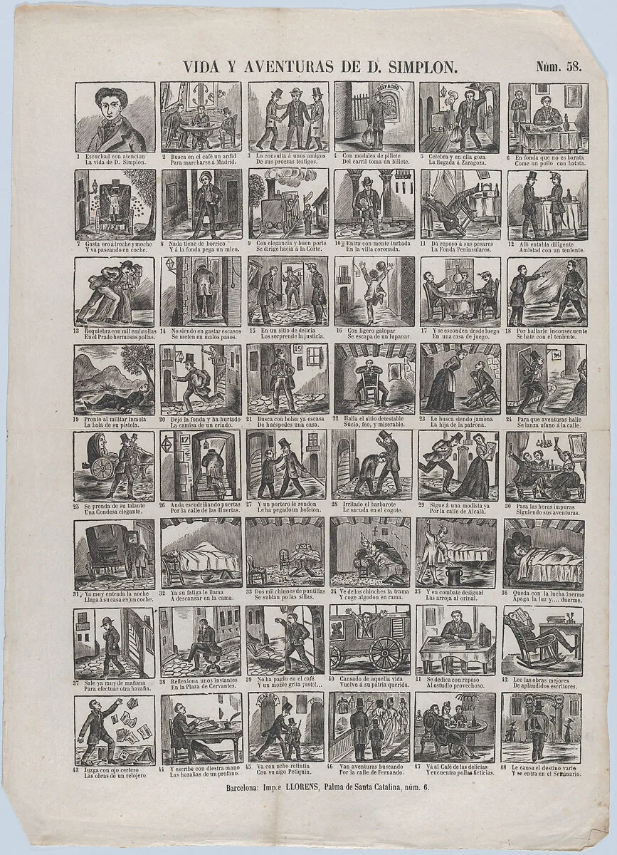 Broadside with 48 scenes depicting the life and adventures of Don Simplon — Juan Llorens