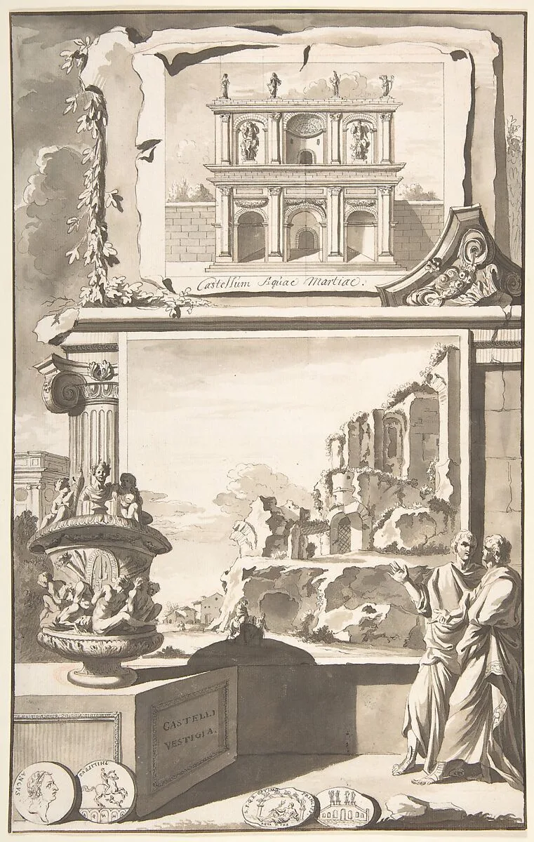 A Reconstruction of the Castellum Aquiae Martiae (above) and a View of the Ruins (below) — Jan Goeree
