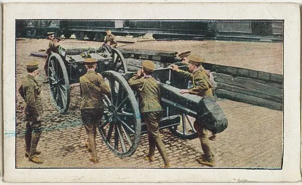 Card No. 95, English Royal Field Artillery Hurrying Their Fifteen-Pounder Guns to the Train for Shipment to General French, from the World War I Scenes series (T121) issued by Sweet Caporal Cigarettes — Underwood & Underwood|American Tobacco Company