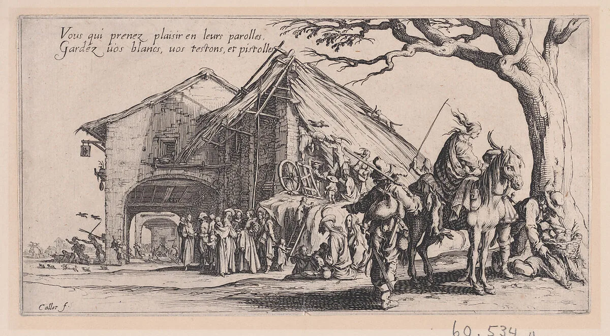 La Halte des Bohémiens: Les Diseuses de Bonne Aventure (The Gypsy Stopover: The Fortune Tellers), from Le Bohémiens, série appelée aussi Les Égyptiens, La Marche des Bohémiens, La Vie Errante des Bohémiens, Les Marches Égyptiennes (The Gypsies, series also called The Egyptians, The Gypsy Troops, The Wandering Lives of Gypsies, The Egyptian Troops) — Jacques Callot