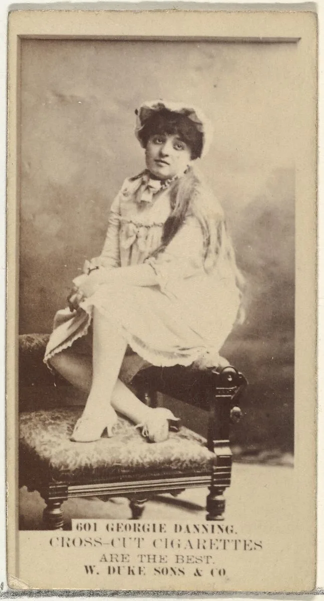 Card Number 601, Georgie Danning, from the Actors and Actresses series (N145-3) issued by Duke Sons & Co. to promote Cross Cut Cigarettes — W. Duke, Sons & Co.