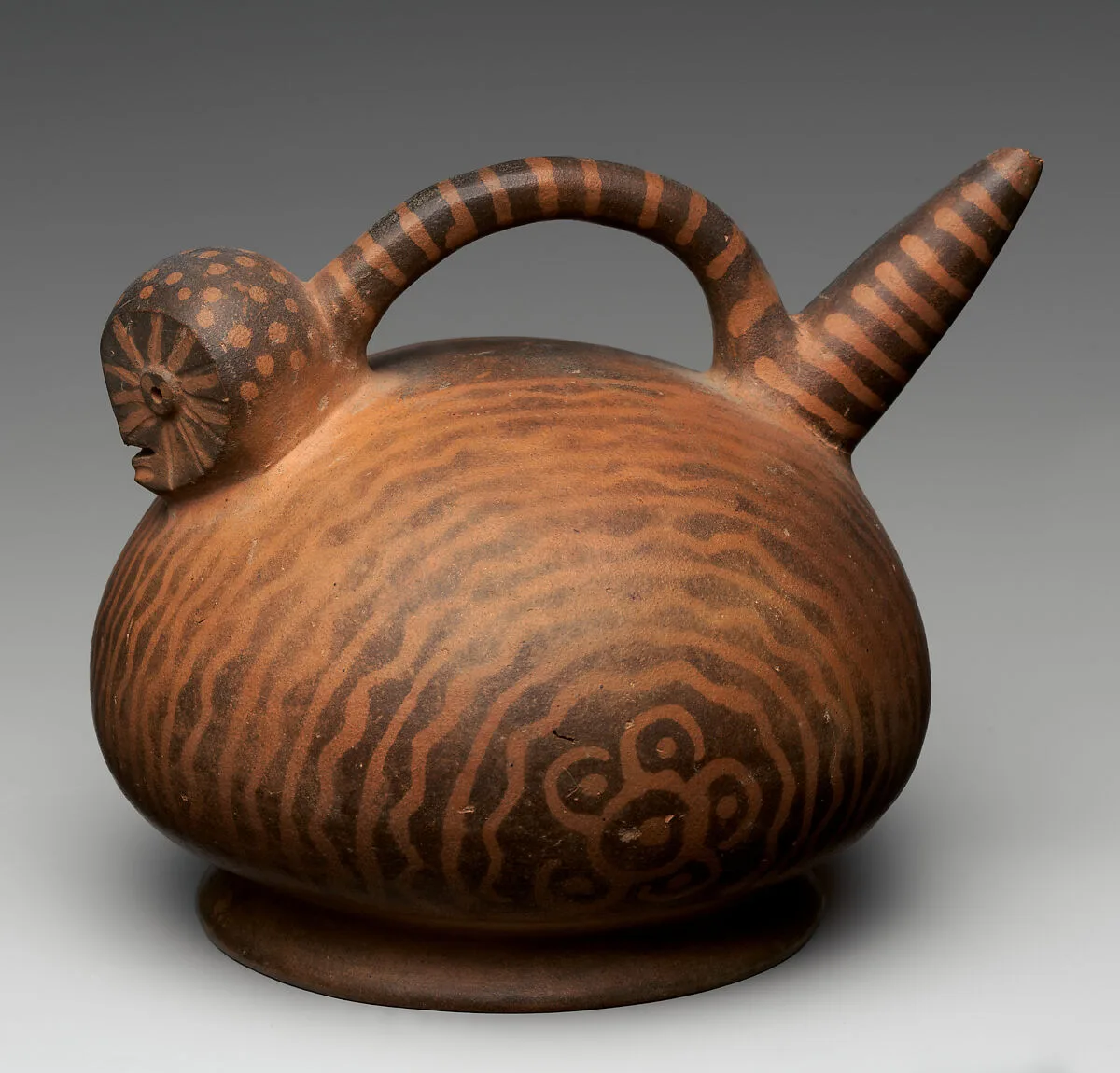 Spout-and-bridge bottle with owl head — Virú artist(s)