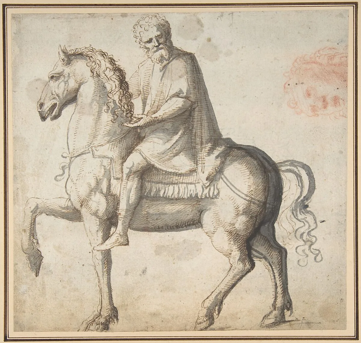 Man on Horseback, Study of a Man's Head (recto); Head of a Young Woman (verso) — Marcello Fogolino