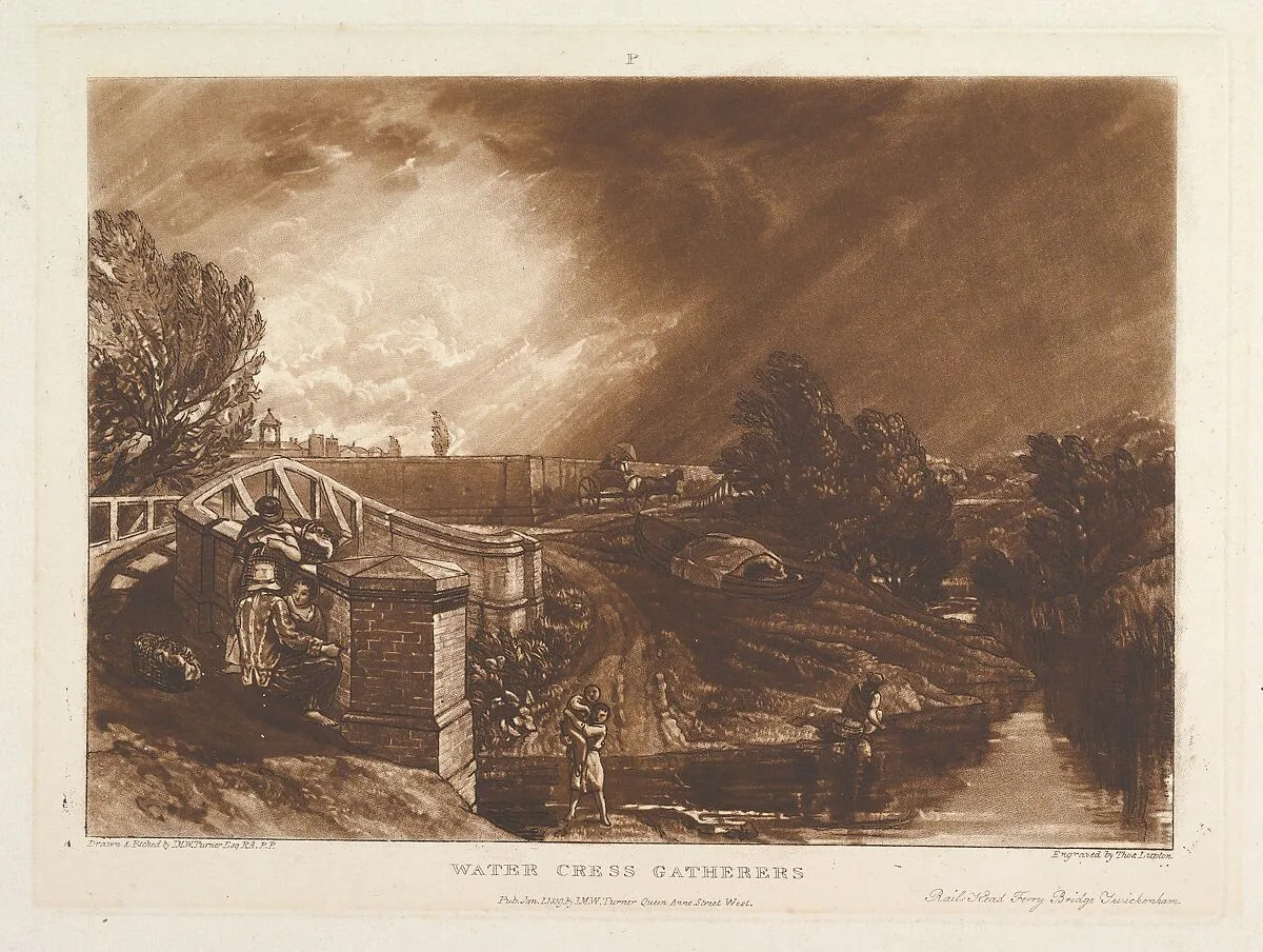 Water Cress Gatherers, Rails Head Ferry Bridge, Twickenham (Liber Studiorum, part XIII, plate 62) — Joseph Mallord William Turner|Thomas Goff Lupton|Joseph Mallord William Turner