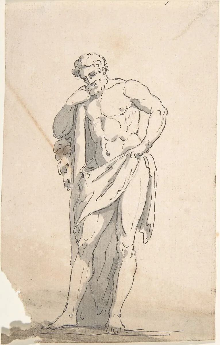 Drawing after Male Statue Leaning on Tree Trunk — Anonymous, French, 18th century