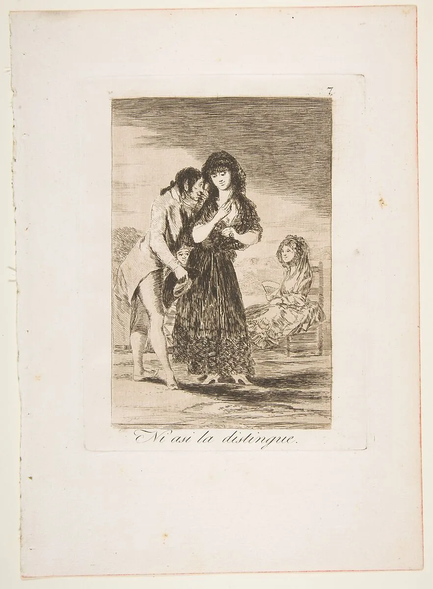 Plate 7 from "Los Caprichos": Even thus he cannot make her out (Ni asi la distingue) — Goya (Francisco de Goya y Lucientes)