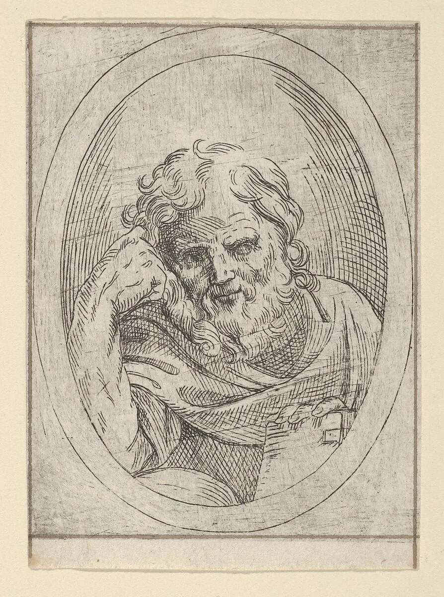 An apostle resting his head on his right hand and holding a book, in an oval frame, from Christ, the Virgin, and Thirteen Apostles — Anonymous, 17th century|Guido Reni