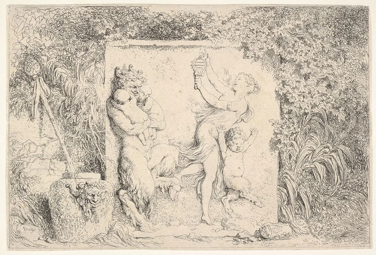 A bas-relief depicting a satyr at left holding two infants, another child satyr to right, dancing to the sound of the sistrum played by the woman in center, around the relief, a vase decorated with the head of a satyr, plants, and a thyrsus, from 'Four Bacchanalia' (Quatre Bacchanales) — Jean Honoré Fragonard