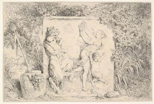 A bas-relief depicting a satyr at left holding two infants, another child satyr to right, dancing to the sound of the sistrum played by the woman in center, around the relief, a vase decorated with the head of a satyr, plants, and a thyrsus, from 'Four Bacchanalia' (Quatre Bacchanales)