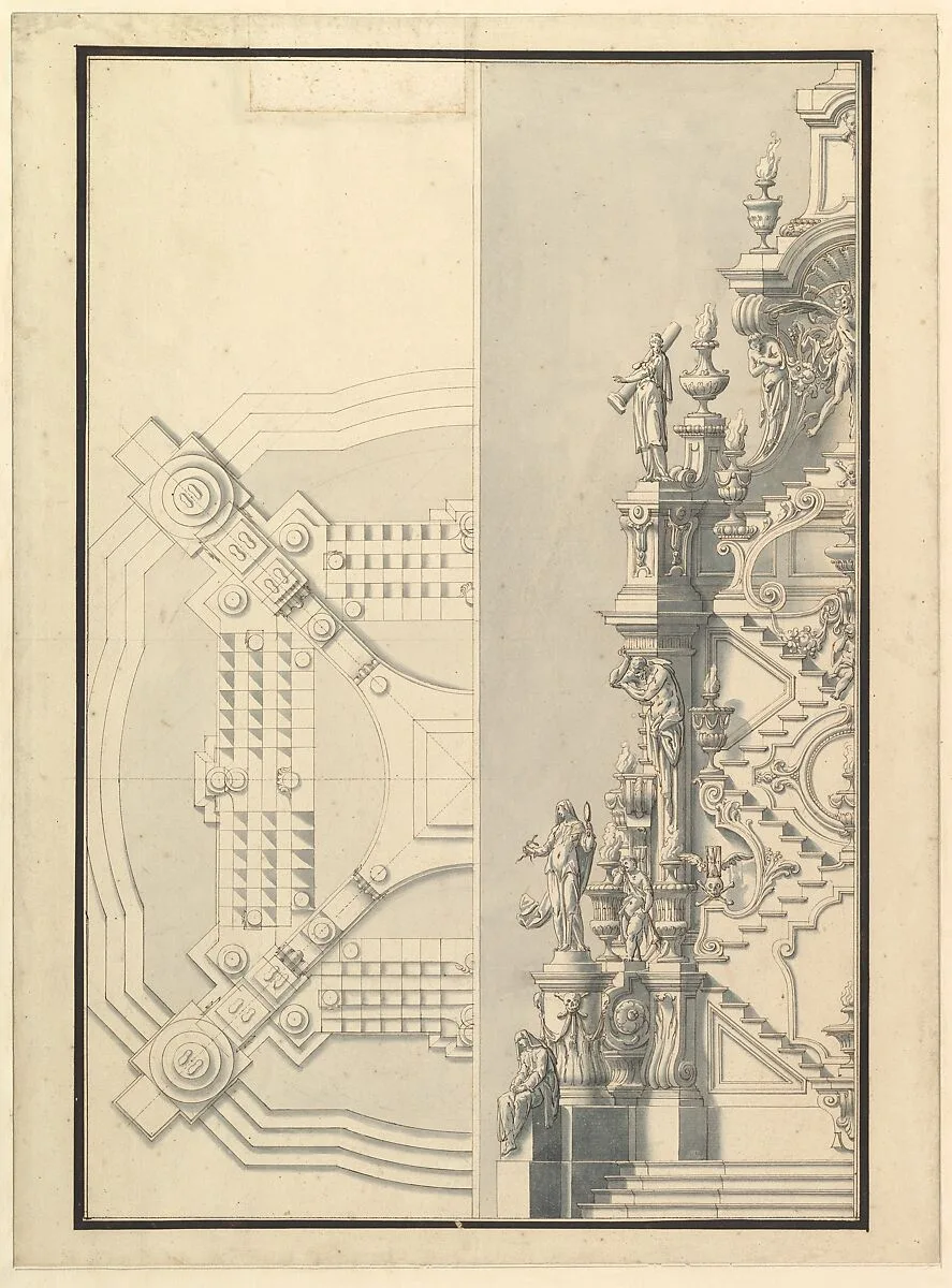 Half Elevation and Half Ground Plan for a Catafalque — Giuseppe Galli Bibiena