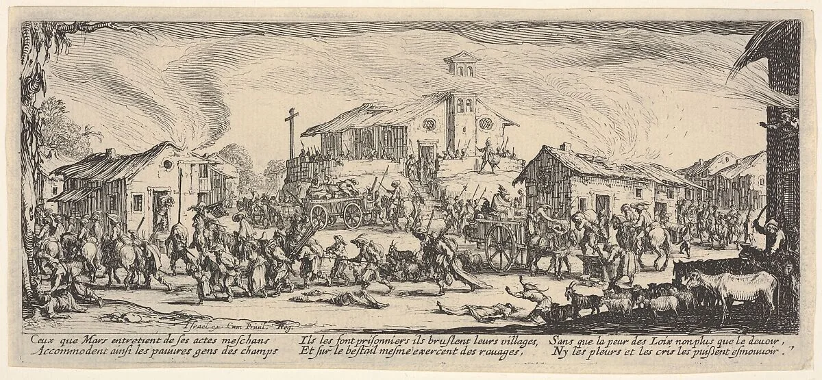 Plate 7: A town being sacked with church in the background, from 'The Large Miseries of War' (Les misères et les malheurs de la guerre) — Jacques Callot|Israël Henriet