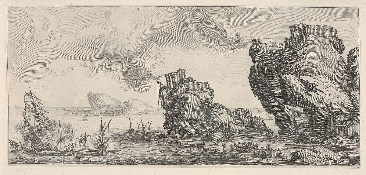 Naval battle with ruined ship and smoking battlements, from 'Italian landscapes' (Diverse vedute designate in Fiorenza / Paysages italiens) — Jacques Callot|Israël Henriet