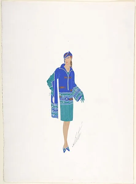 Design for Blue and Green Dress with Fish Pattern at Neckline, Hat and Earrings for "Manhattan Mary," Majestic Theater, New York — Erté (Romain de Tirtoff)
