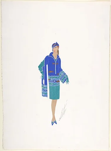 Design for Blue and Green Dress with Fish Pattern at Neckline, Hat and Earrings for "Manhattan Mary," Majestic Theater, New York
