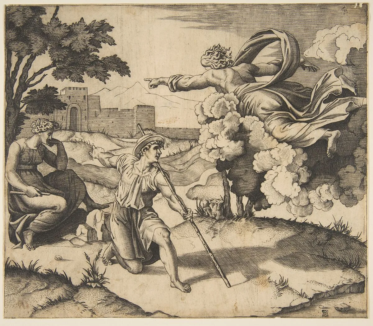 God appearing to Isaac; God floating in clouds pointing toward Rebecca seated under a tree at left, Isaac kneeling in the center holding a large stick and also pointing to Rebecca — Marco Dente|Raphael (Raffaello Sanzio or Santi)