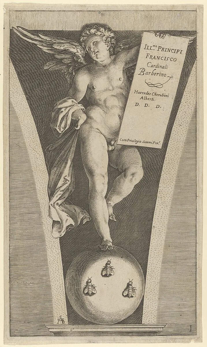 Winged genius holding a tableau, standing on a sphere with three bees — Cherubino Alberti (Zaccaria Mattia)