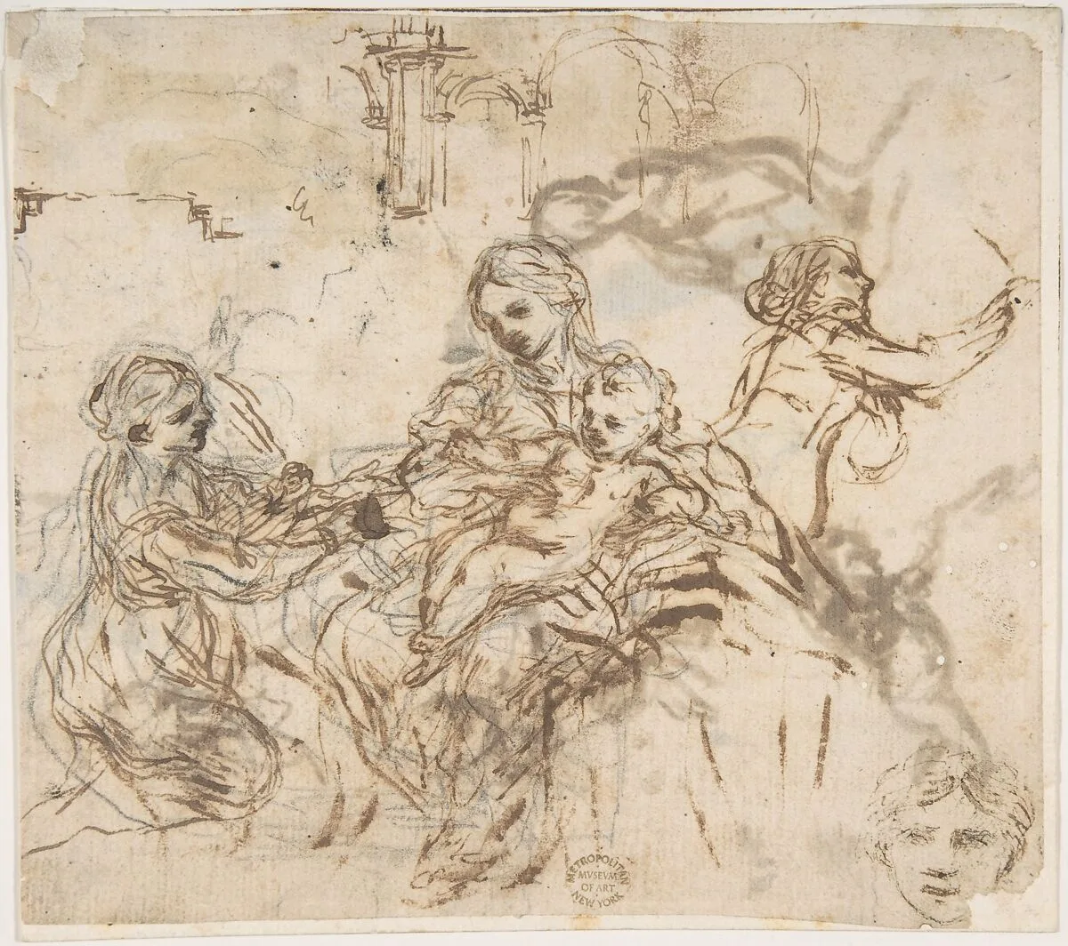 The Virgin and Child with Saint Martina, Another Study of Saint Martina, Studies of a Head, and of an Arcade (recto); Figure Studies (verso) — Pietro da Cortona (Pietro Berrettini)