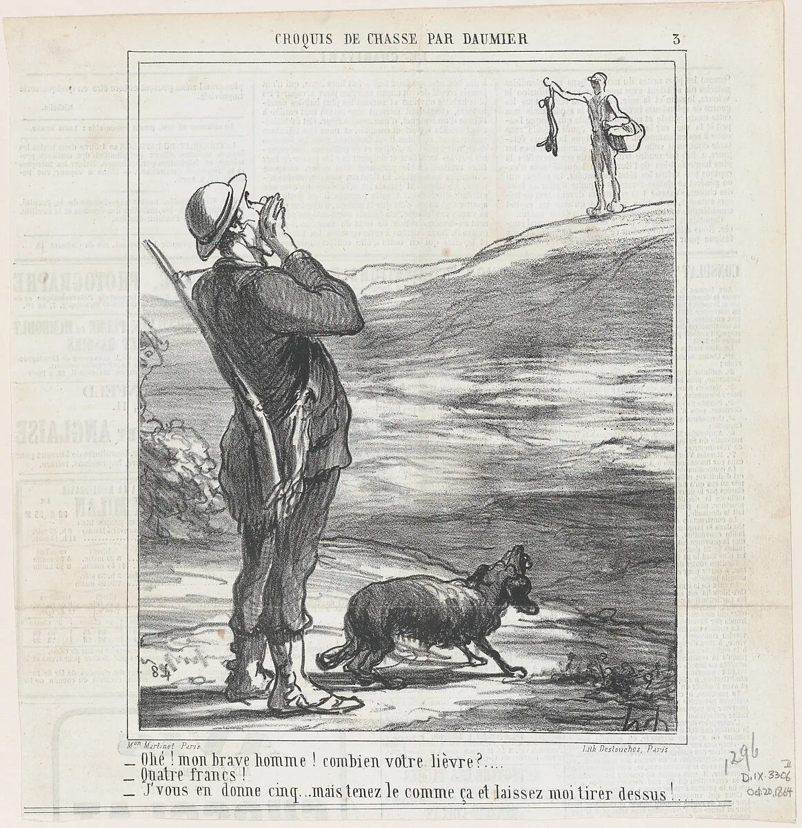 Hello! My good man! How much for your hare?, from 'Hunting sketches,' published in Le Charivari, October 20, 1864 — Honoré Daumier|Aaron Martinet|Destouches
