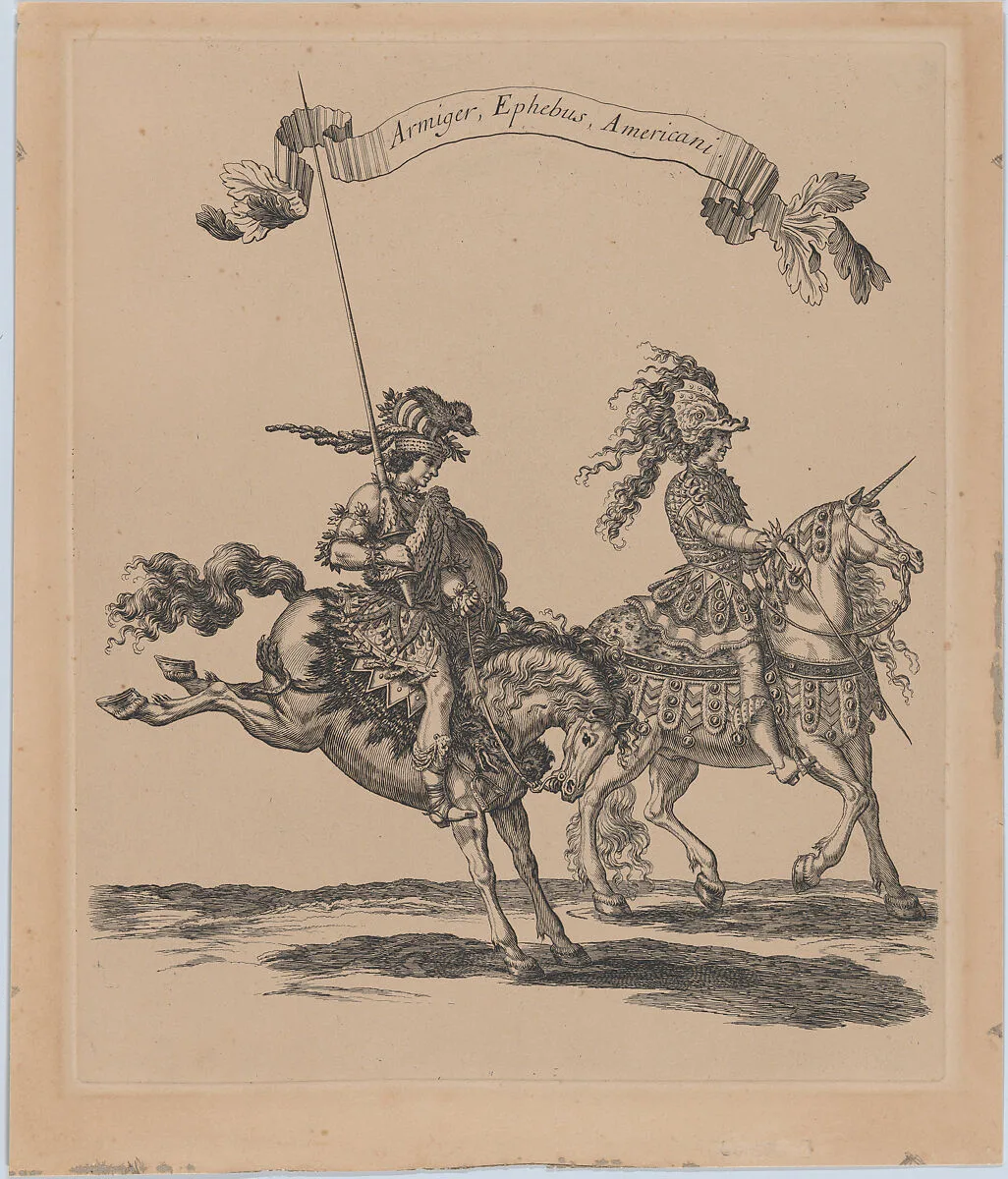 Armiger, Ephebus, Americani, from 'Courses de Testes et de Bagues Faittes par Roy et par les Princes et Signeurs de sa Cour, en l'annee 1662' (Grand Carrousel) — Charles Perrault|François Chauveau|Israel Silvestre