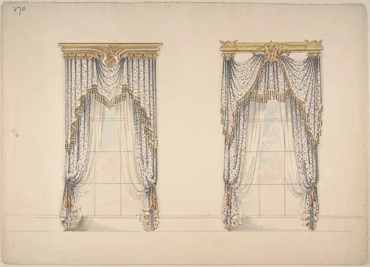 Design for Pink, Green and White Curtains with Gold and Red Fringes, and Gold Pediments — Anonymous, British, 19th century