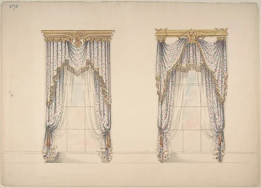 Design for Pink, Green and White Curtains with Gold and Red Fringes, and Gold Pediments