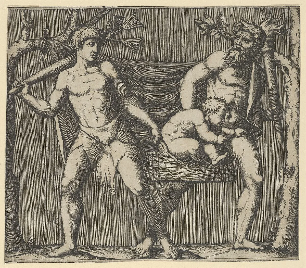 Two Fauns Carrying a Child — Marcantonio Raimondi
