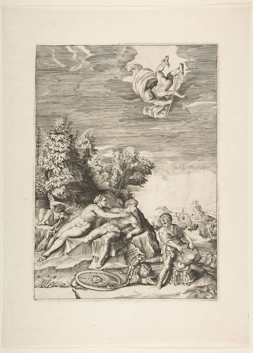 Calypso trying to detain Ulysses as a child prepares his armour at right and Mercury falls from the sky — Giulio Bonasone
