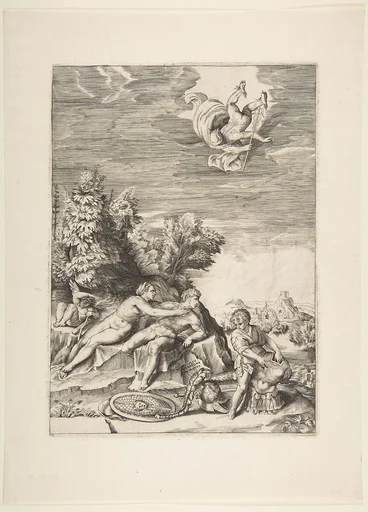 Calypso trying to detain Ulysses as a child prepares his armour at right and Mercury falls from the sky
