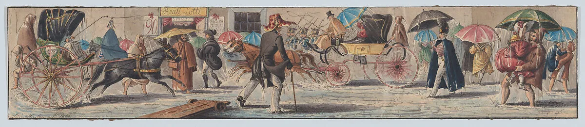 Reali Lotti, No. 16, Strada Toledo, Naples: people and carriages on the street walking through the rain — Karl Johan Lindström