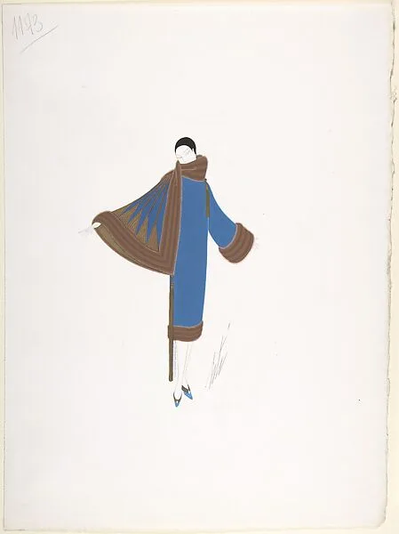 Design for Purple Coat Trimmed in Brown Fur and Gold Tassles for "Manhattan Mary," Majestic Theater, New York — Erté (Romain de Tirtoff)
