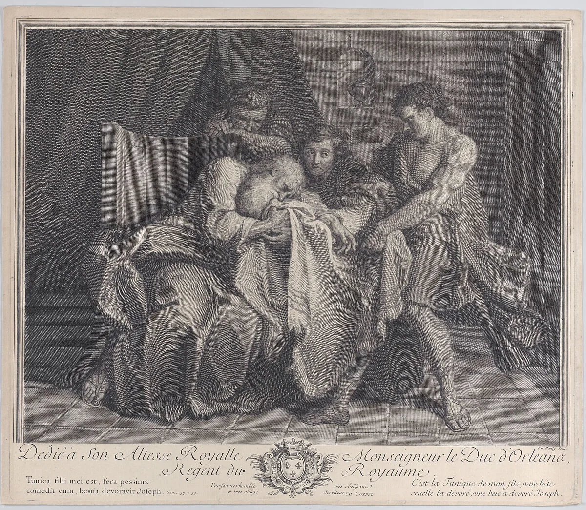 An old man crying into a tunic while his sons pull it away from him — Francois de Poilly|Charles Antoine Coypel