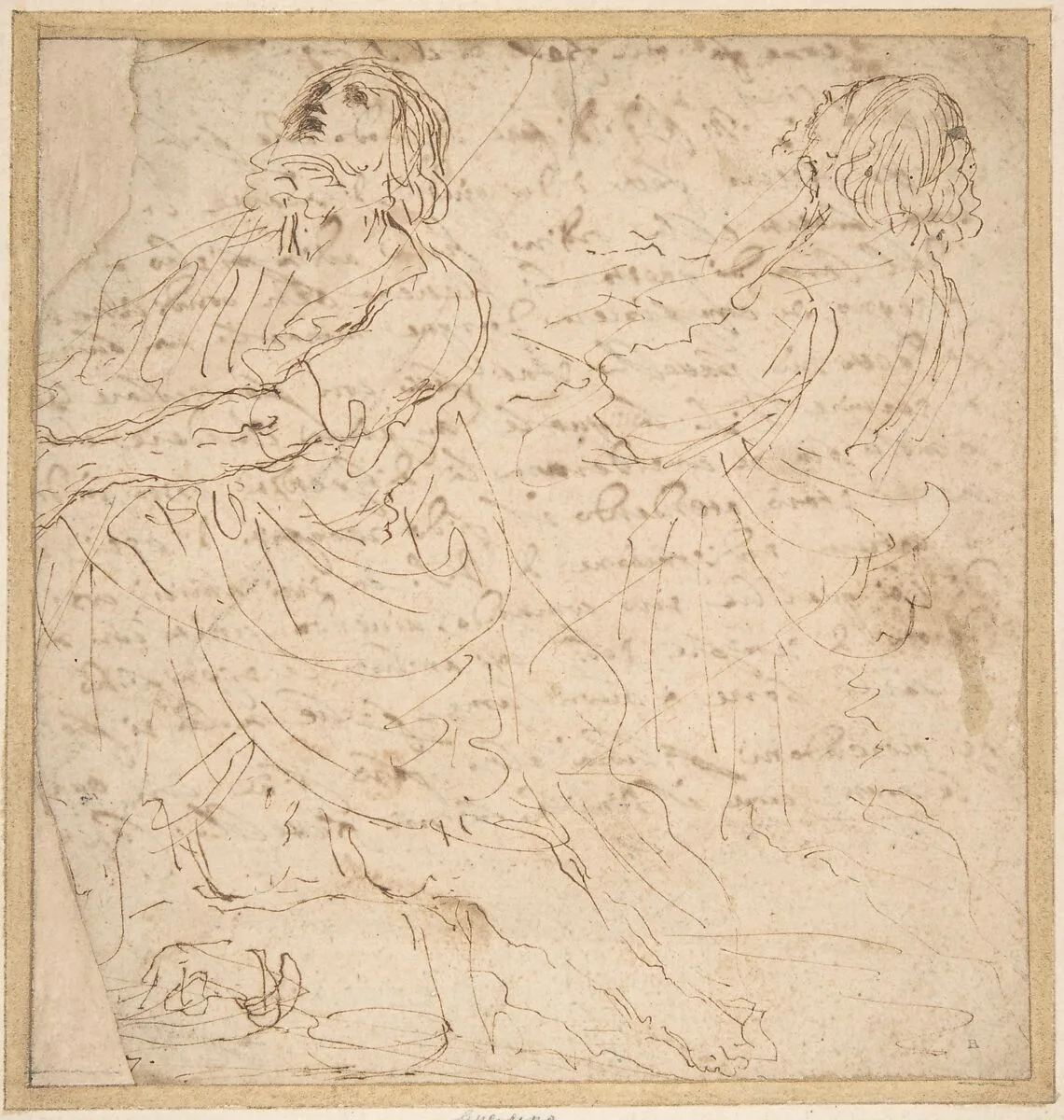 Two Studies of a Kneeling Male Figure (recto); Handwritten letter (verso) — Guercino (Giovanni Francesco Barbieri)