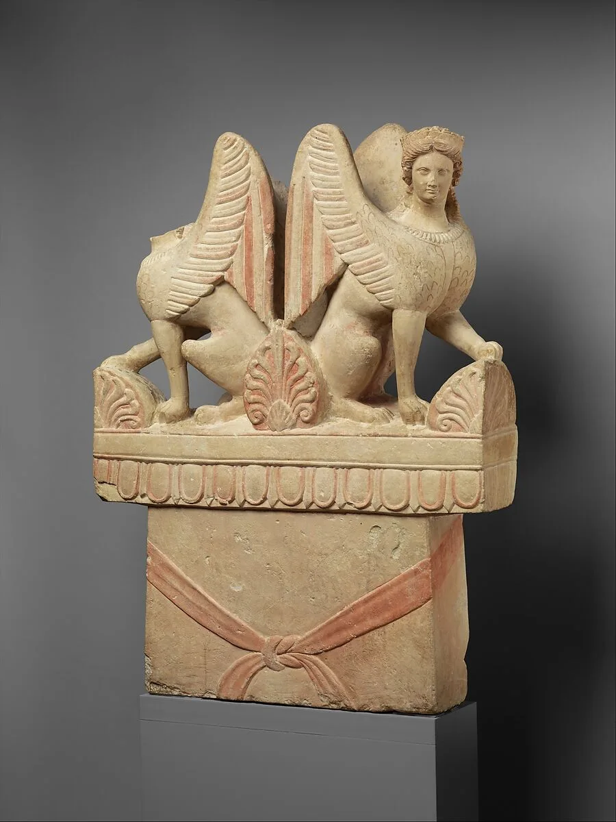 Limestone funerary stele (shaft) surmounted by two sphinxes — Unknown