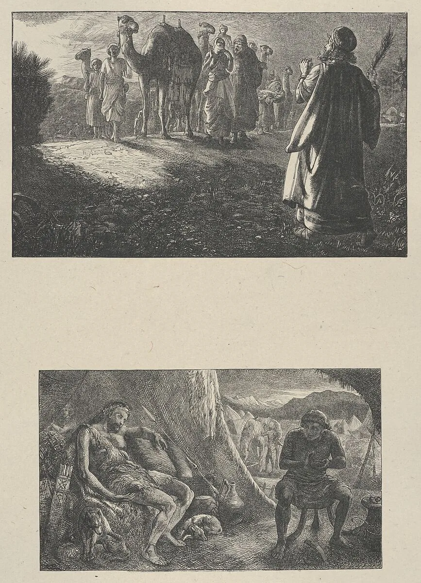 Isaac Meeting Rebekah–Esau Selling His Birthright, from "Dalziels' Bible Gallery" — Camden Press|Scribner and Welford|Dalziel Brothers|Thomas Dalziel