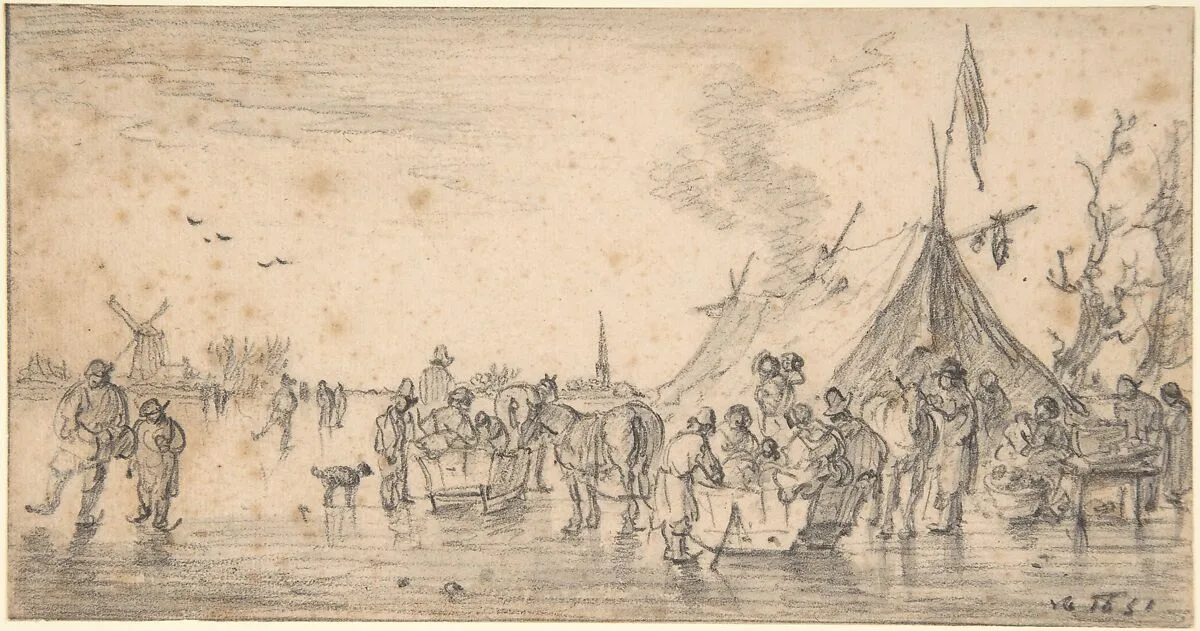 River Landscape in Winter with Figures Skating and Sleds — Jan van Goyen