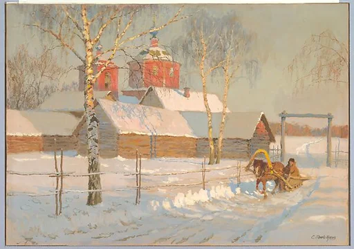 A Russian Church in Snow with a Man Riding a Sleigh