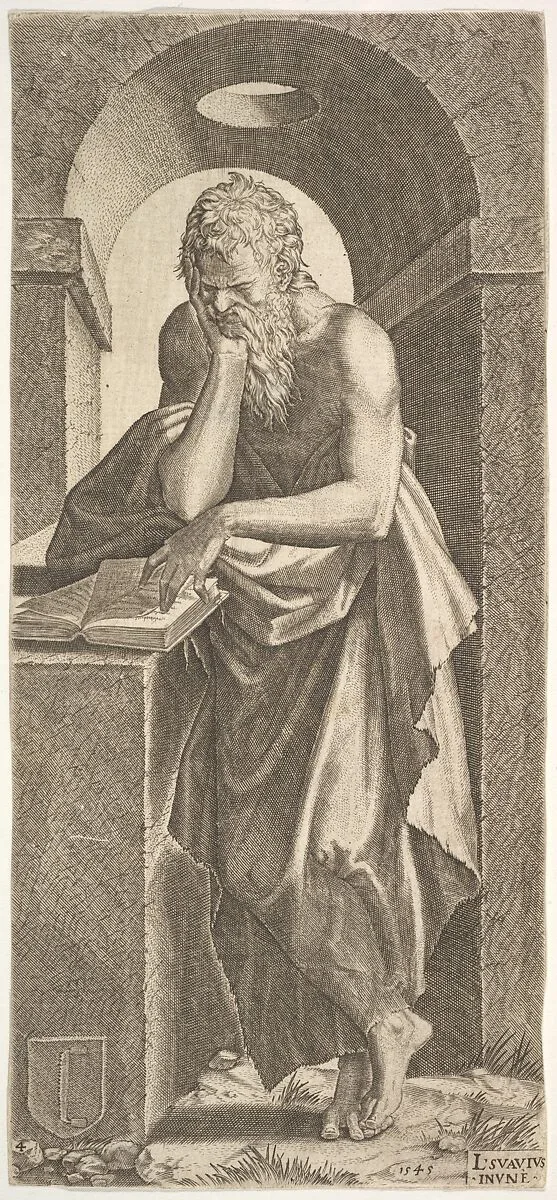 St. Simon standing before an open book with the fingers of his left hand pressed onto the pages, his chin resting in his right hand, a shallow barrel vault with oculus beyond, from "Christ and the Twelve Apostles" — Lambert Suavius