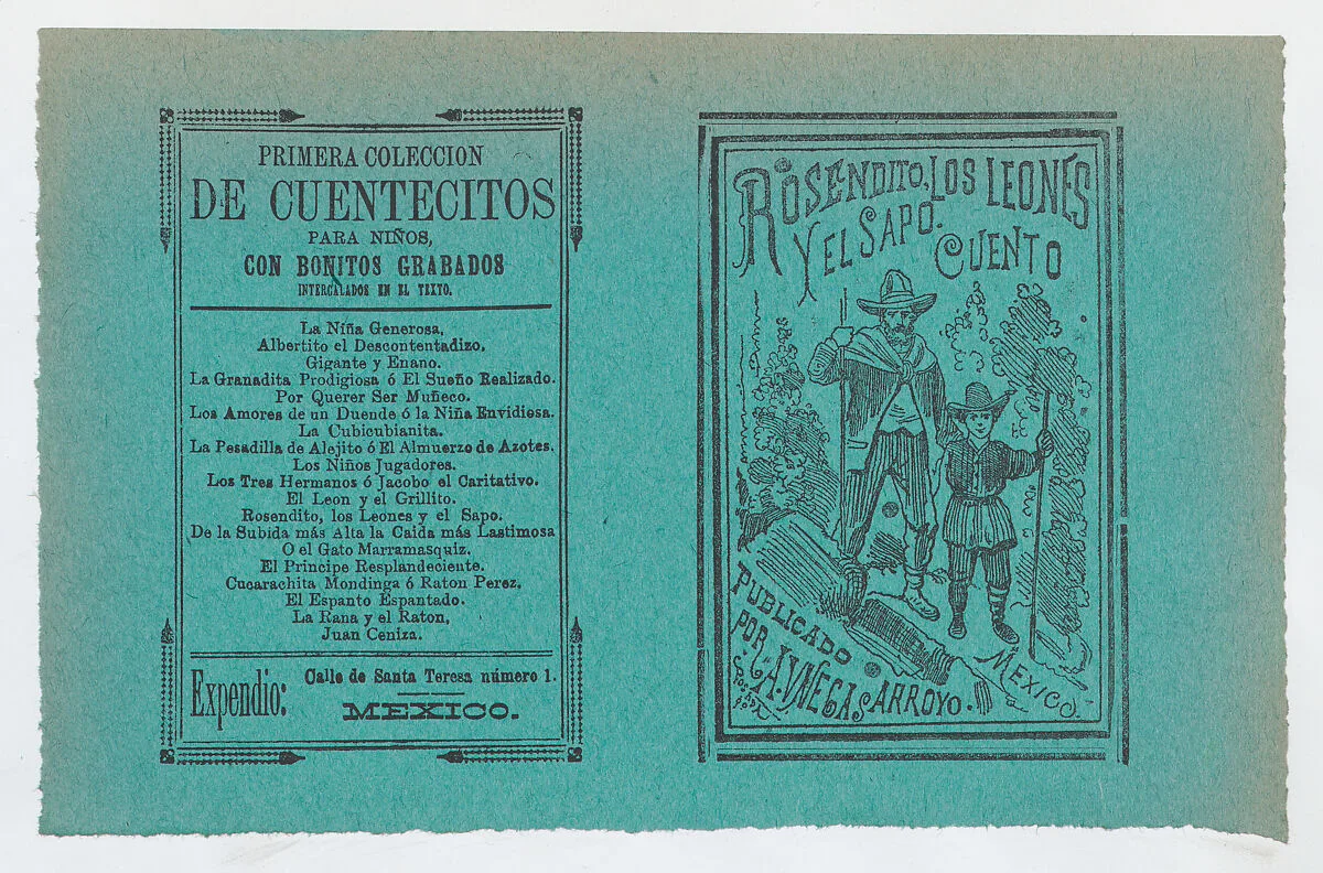 Cover for 'Rosendito, Los Leones, y El Sapo', a young boy and man holding walking sticks — Antonio Vanegas Arroyo|José Guadalupe Posada