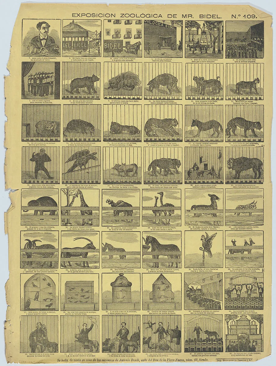 Broadside with 48 scenes depicting animals from Mr Bidel's zoo in Barcelona — Antonio Bosch|Narciso Ramirez